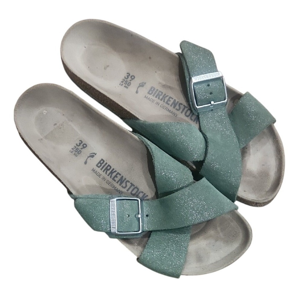 Birkenstock Siena Green Shimmer Leather Boho Casual Foot Bed Sandal 39 Earthy